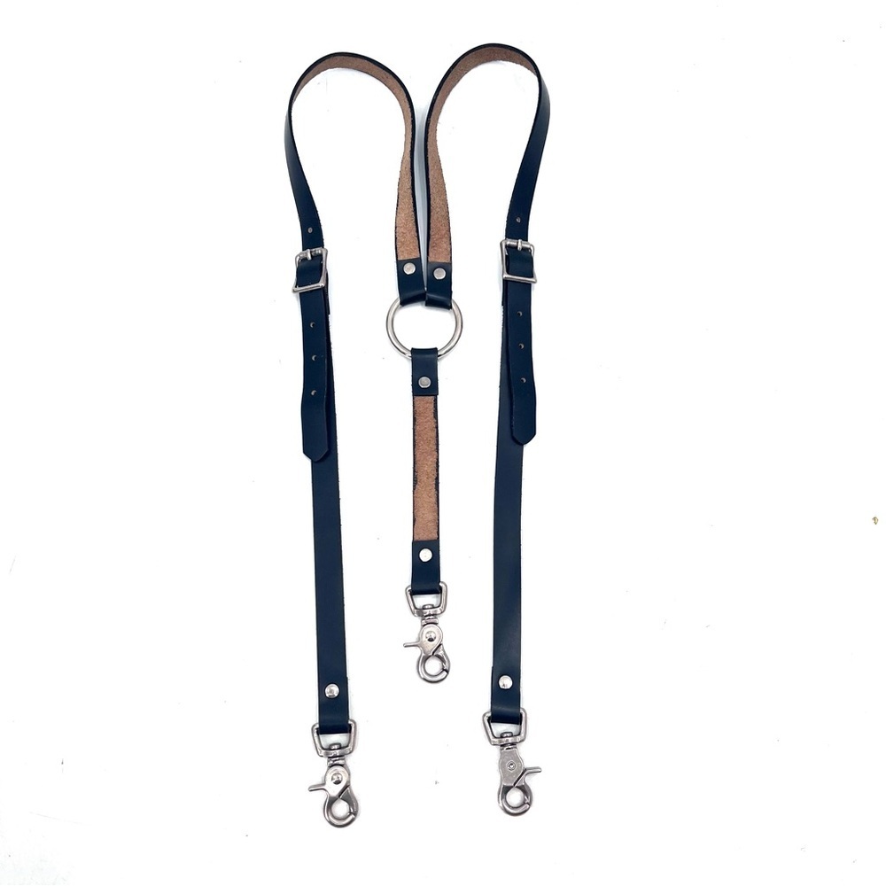 Vintage Black Leather Biker Suspenders Braces with Metal Clips Medium - Large